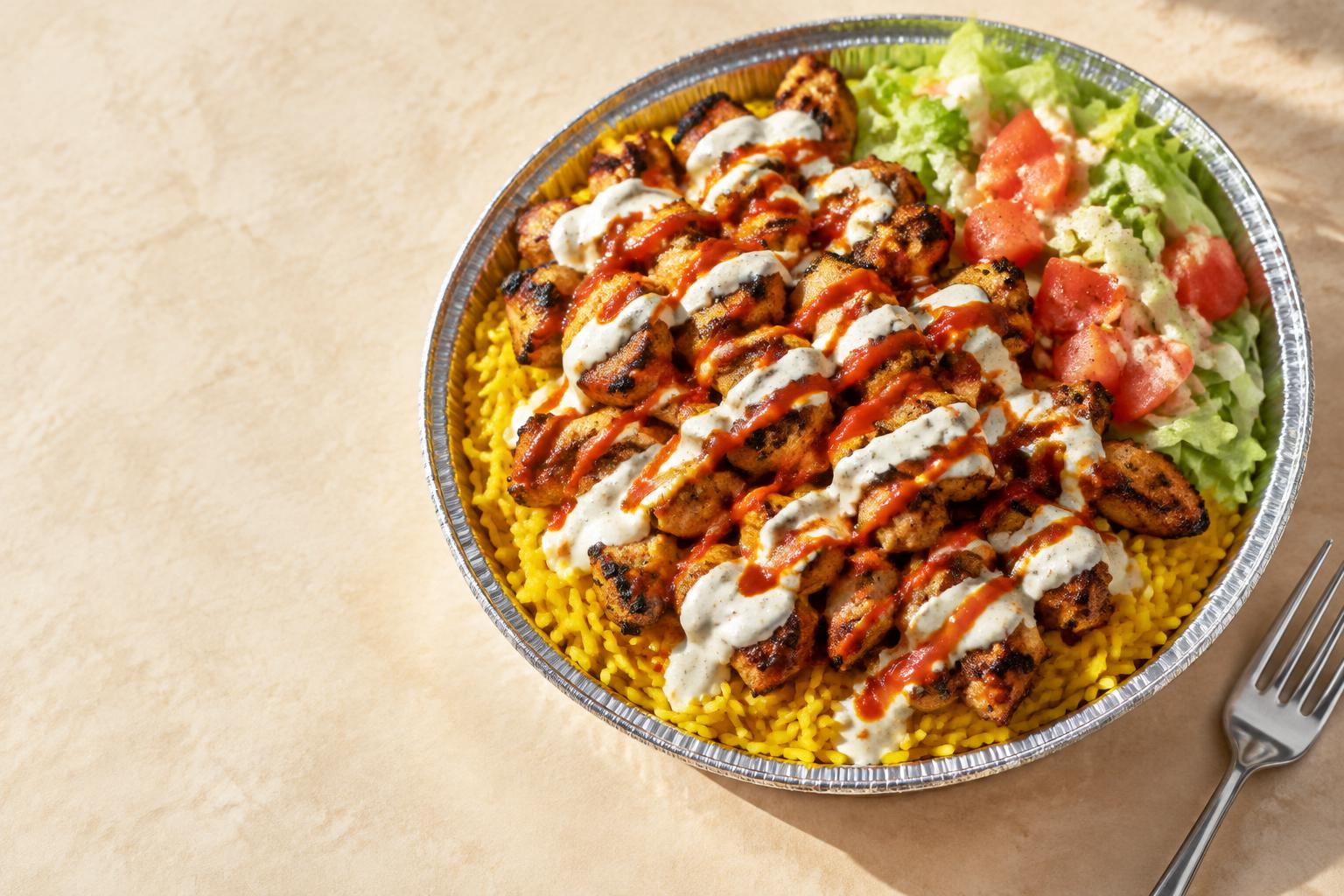Grilled chicken over saffron rice with white sauce, hot sauce and fresh salad