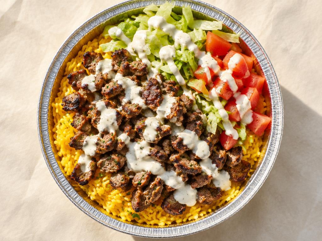 Lamb over rice platter with yellow rice and fresh salad