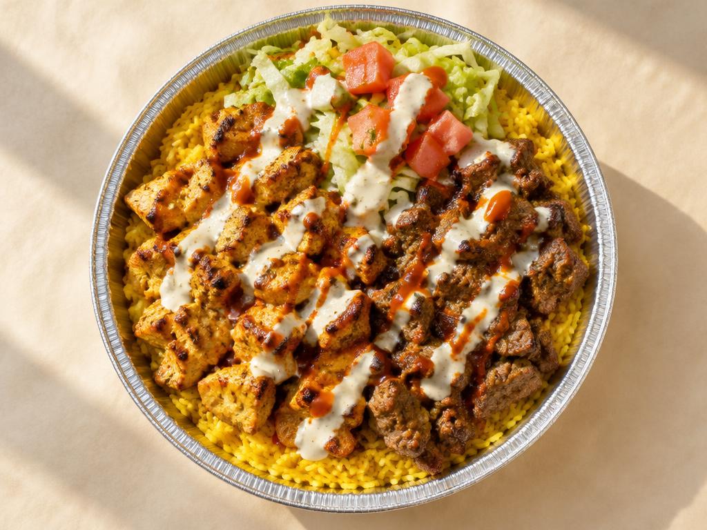 Mixed combo platter with yellow rice and fresh salad